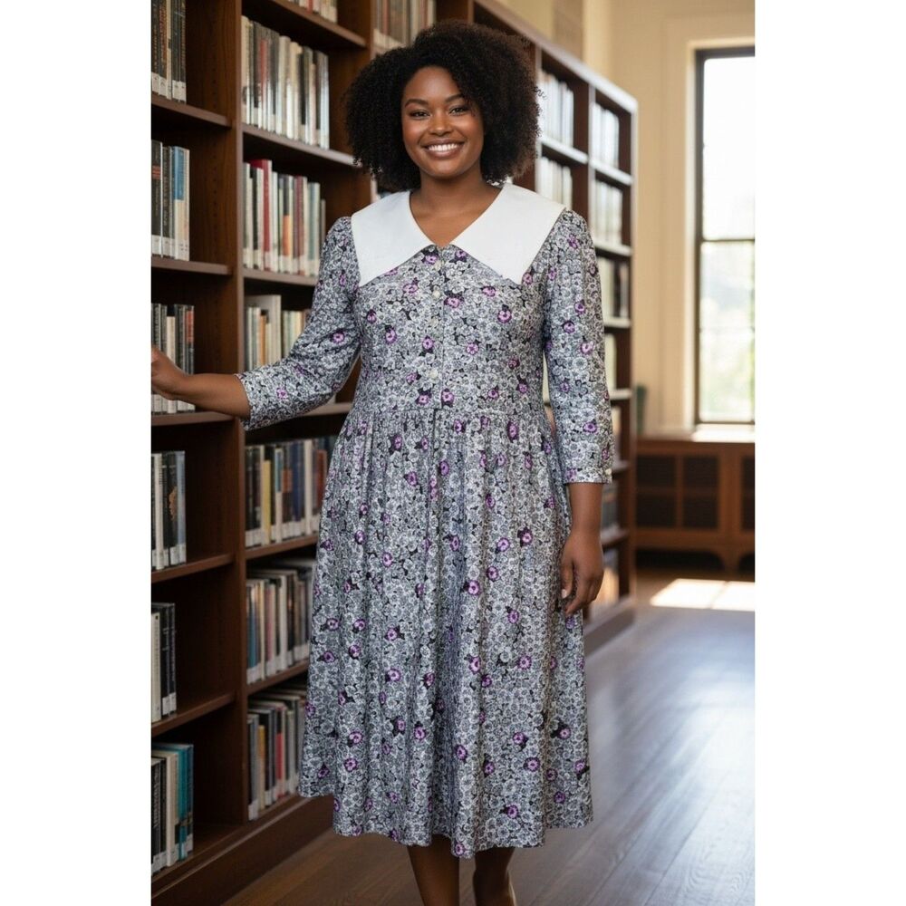 Vtg Whirlaway Frocks Cottagecore Floral Dress 14 Petite Black Grey Purple Lace